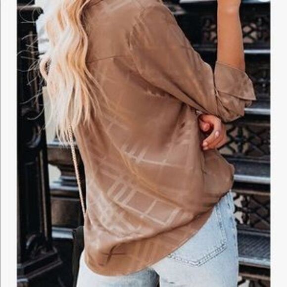 Plaid Khaki Button Down Satin Shirt With Roll Up Sleeves - Picture 3 of 5